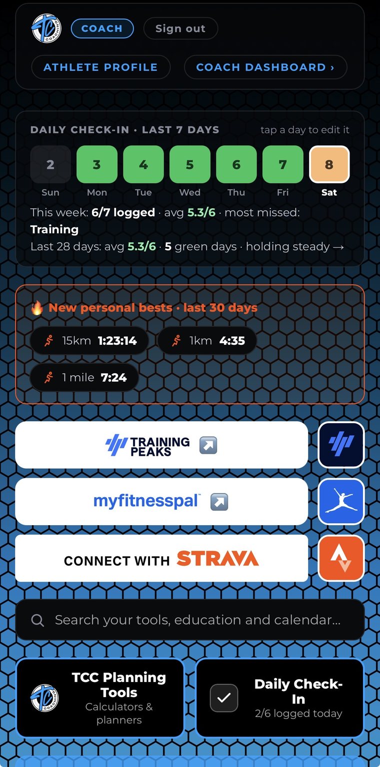 The Wayfinder athlete dashboard on a phone, showing the last seven days of daily check-ins