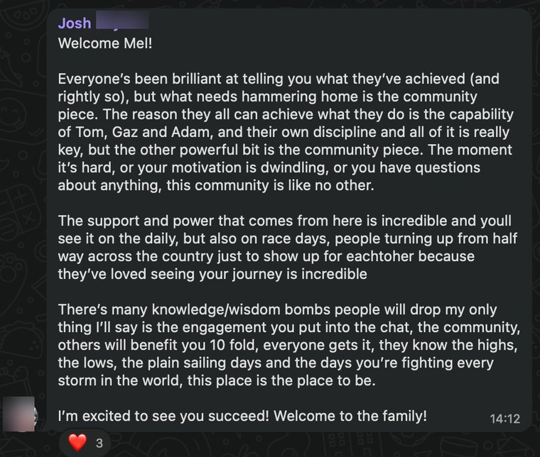 A community welcome message explaining that the support shows up daily and on race days