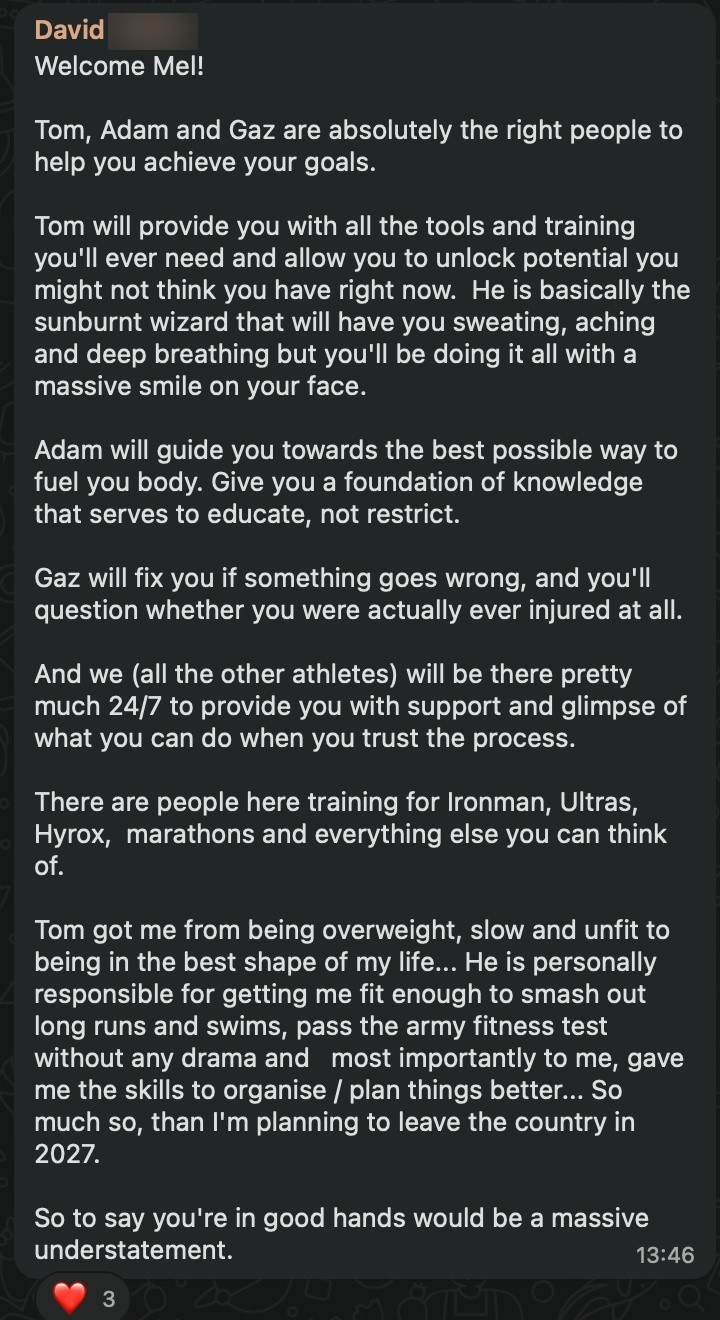 A community welcome message describing what Tom, Adam and Gaz each do for an athlete