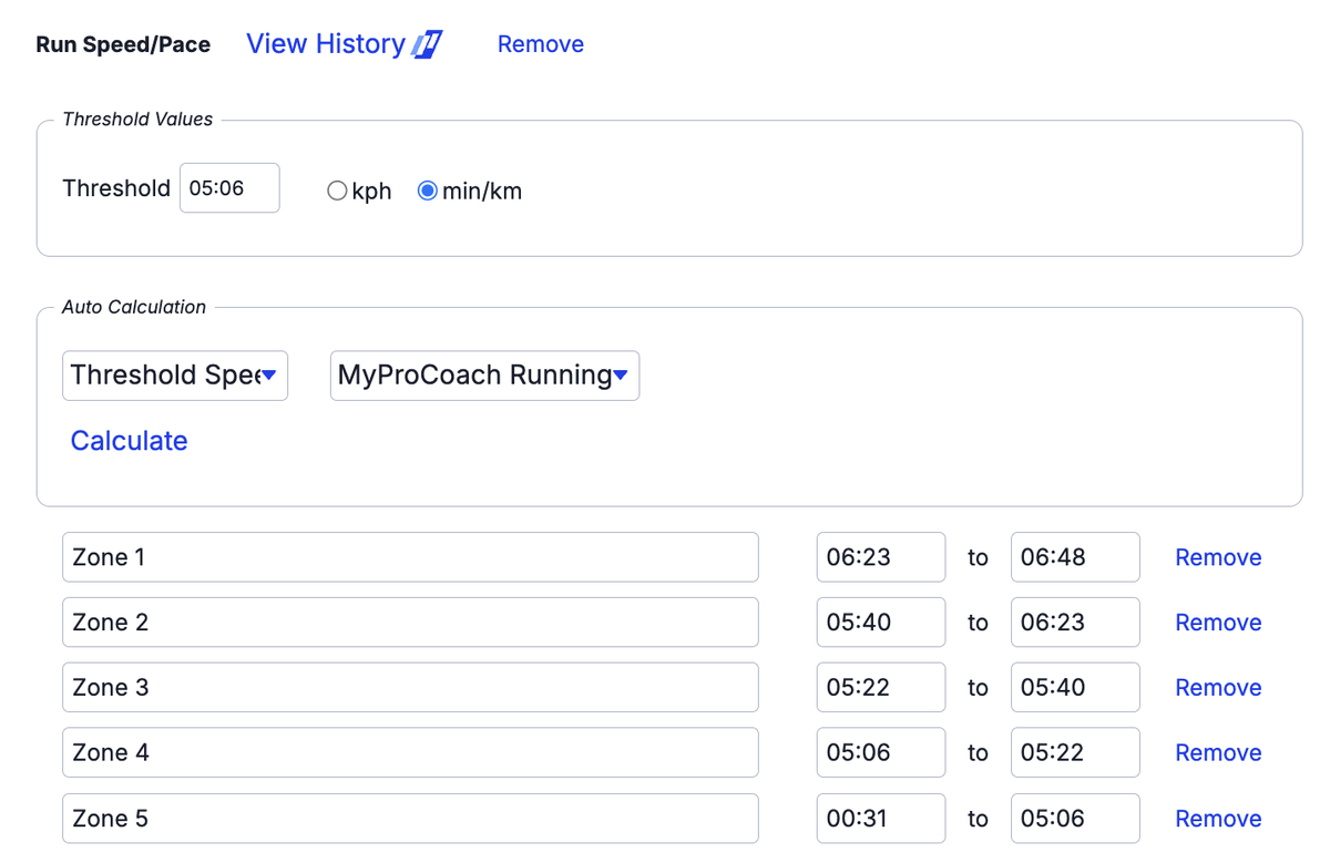 Run threshold pace and the five training zones calculated from it, in TrainingPeaks