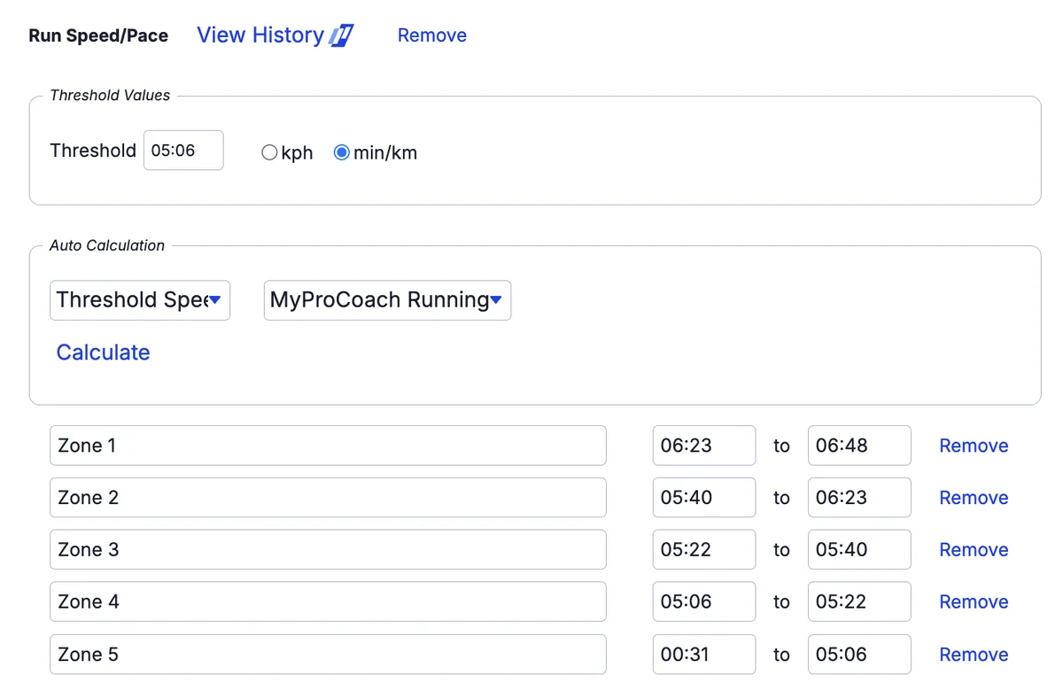 Run threshold pace and the five training zones calculated from it, in TrainingPeaks