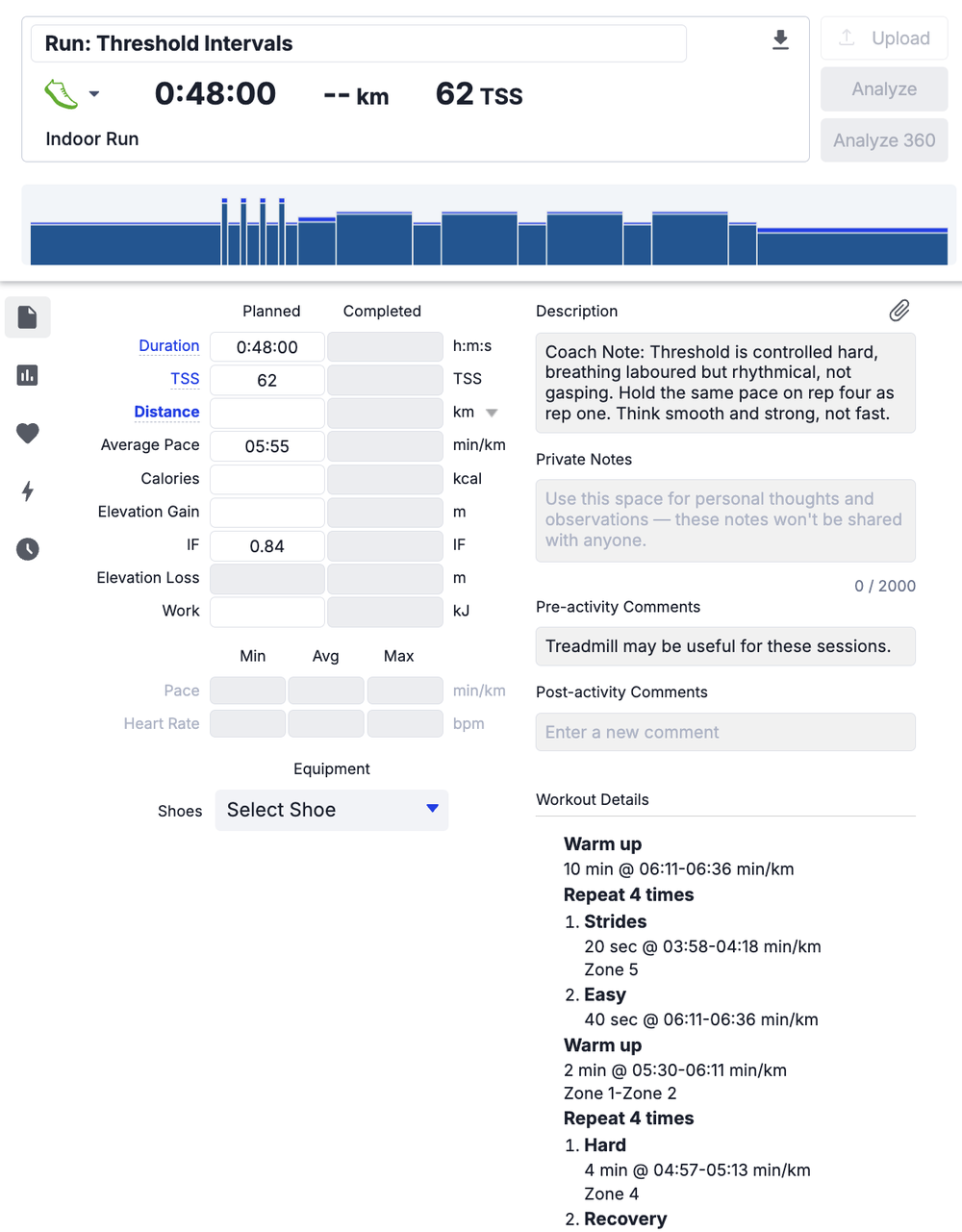 A threshold interval run session in TrainingPeaks with its structure, target paces and a coach note