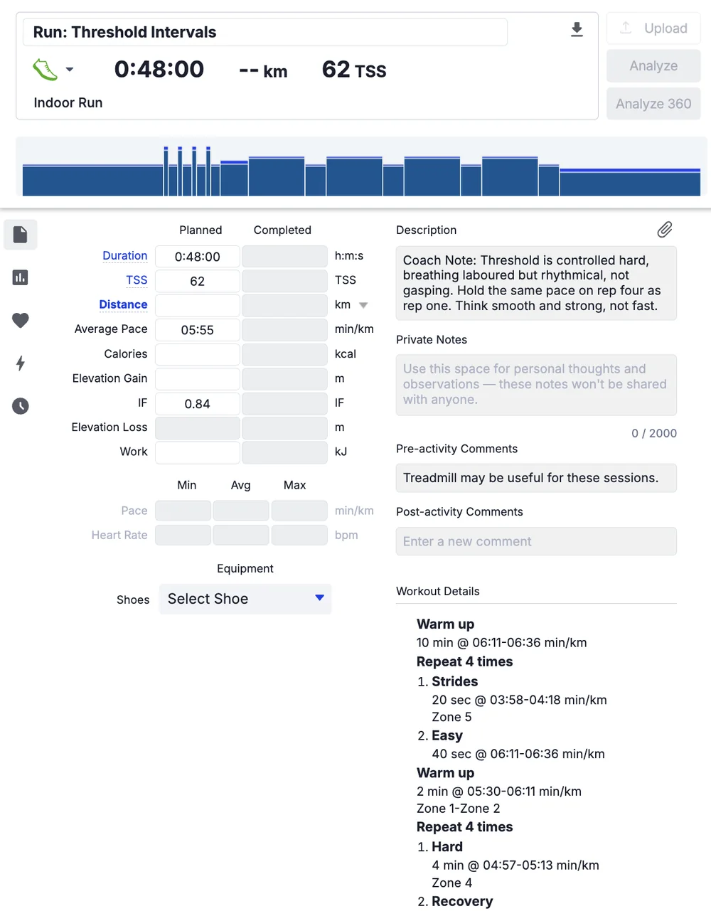 A threshold interval run session in TrainingPeaks with its structure, target paces and a coach note