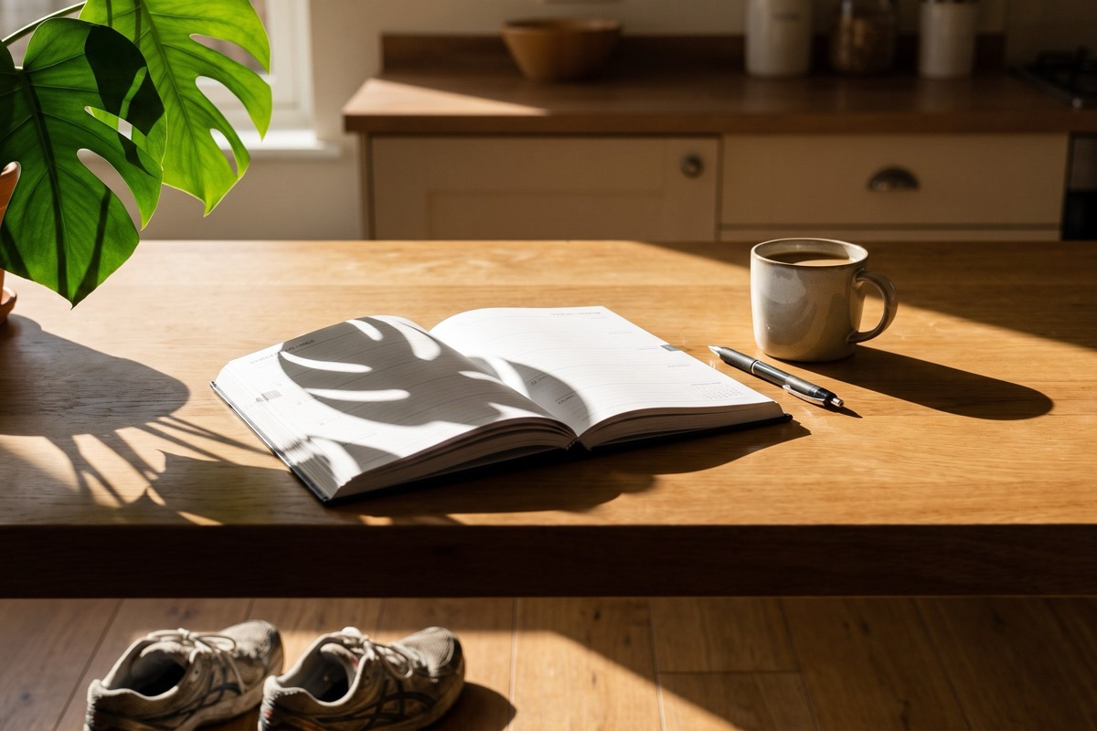 An open week planner and a pen on a kitchen table in morning light, running shoes by the door
