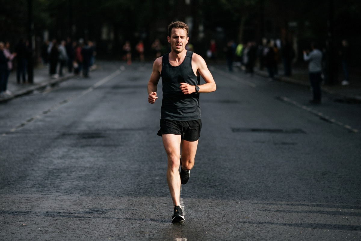 A lone runner deep into a marathon on a wet empty city road