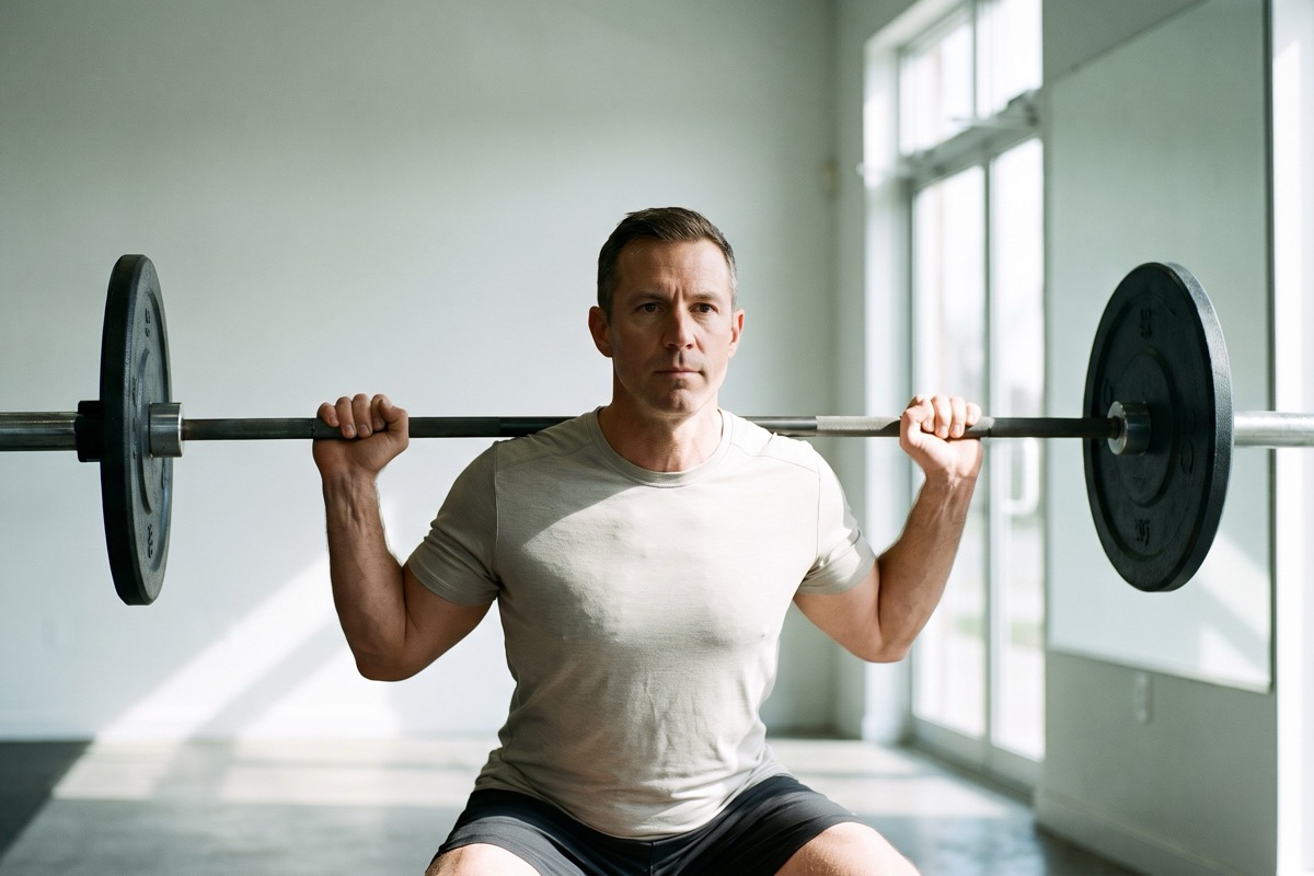 A man in his forties setting up for a barbell back squat in a bright gym