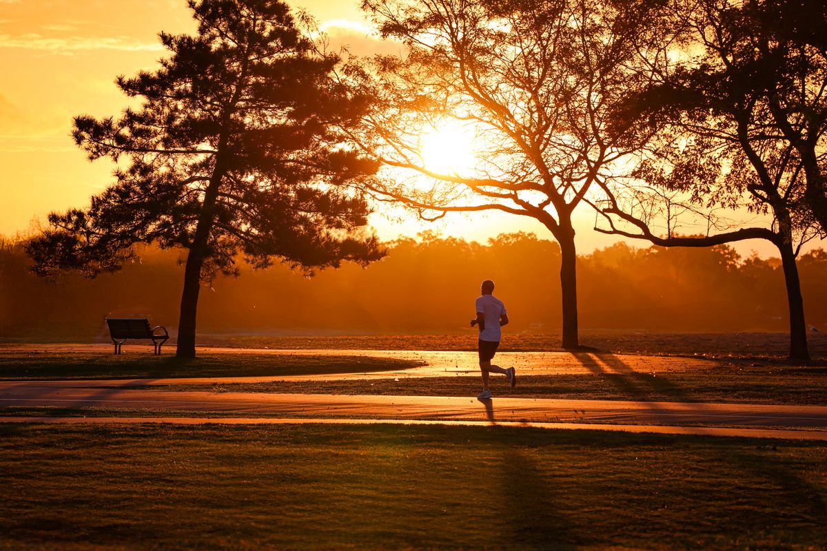 Lone runner crossing a park at sunrise, trees silhouetted against an orange sky